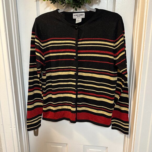 Alfred Dunner Vintage Women's Black, Gold and Red Silk Blend Lightweight Sweater - Picture 1 of 6